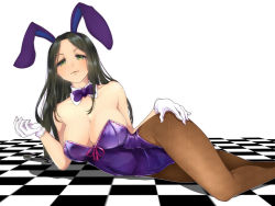 Rule 34 | 10s, 1girl, :3, animal ears, bare shoulders, black hair, blush, bow, bowtie, breasts, checkered floor, cleavage, detached collar, fake animal ears, female focus, gloves, green eyes, helen (idolmaster), highres, huge breasts, idolmaster, idolmaster cinderella girls, legs, leotard, long hair, looking at viewer, lying, naughty face, on side, pantyhose, playboy bunny, purple bow, purple leotard, rabbit ears, ribbon-trimmed clothes, ribbon trim, shiro hougyoku, smile, solo, strapless, strapless leotard, white gloves, wrist cuffs