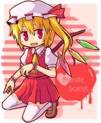 Rule 34 | 1girl, ascot, blonde hair, blush stickers, border, brown footwear, character name, chibi, collared shirt, fang, flandre scarlet, frilled ascot, frilled shirt collar, frills, full body, hat, hat ribbon, highres, loafers, medium hair, mob cap, one side up, open mouth, pink background, pleated skirt, pointy ears, puffy short sleeves, puffy sleeves, red eyes, red ribbon, red skirt, red vest, ribbon, ribbon-trimmed headwear, ribbon trim, shirt, shoes, short sleeves, skirt, solo, striped, striped background, tanakara, thighhighs, touhou, vest, white border, white hat, white shirt, white thighhighs, wrist cuffs, yellow ascot