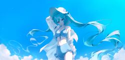 1girl absurdres aqua_eyes aqua_hair arm_up bikini blue_bikini blue_sky breasts cloud collared_shirt commentary cowboy_shot halterneck hatsune_miku highres jacket long_hair long_sleeves looking_at_viewer number_tattoo off_shoulder parted_lips shiina_1001 shirt sky small_breasts solo swimsuit symbol-only_commentary tattoo twintails very_long_hair vocaloid white_jacket