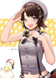Rule 34 | 1girl, ;d, animal, arm up, bare arms, bare shoulders, baseball cap, beret, bird, black bow, black hair, blouse, blue eyes, blue shorts, blush, bow, braid, breasts, collared shirt, commentary request, crop top, dress shirt, duck, grey shirt, hat, highres, hololive, kosumi, looking at viewer, midriff, navel, one eye closed, oozora subaru, oozora subaru (work), open mouth, shirt, shorts, signature, sleeveless, sleeveless shirt, small breasts, smile, solo, striped clothes, striped shirt, suspender shorts, suspenders, teeth, upper teeth only, vertical-striped clothes, vertical-striped shirt, virtual youtuber, white hat