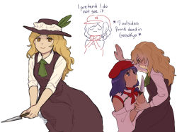 Rule 34 | 2girls, against wall, bad id, bad pixiv id, bare shoulders, blonde hair, bow, bowtie, brown dress, brown headwear, cabbie hat, chibi, closed mouth, collared shirt, detached sleeves, dolls in pseudo paradise, dress, english text, fedora, flat cap, frilled hat, frills, happy, hat, hat feather, holding, holding knife, jacket girl (dipp), knife, label girl (dipp), long hair, long sleeves, medium hair, multiple girls, nekolina, parted lips, purple hair, red bow, red bowtie, red headwear, shirt, simple background, smile, touhou, vest, white background, white shirt, white sleeves, white vest, yellow eyes