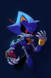 Rule 34 | 1boy, animal ears, artist name, blue background, commentary, english commentary, highres, male focus, metal sonic, red eyes, robot, simple background, solo, sonic (series), starrjoy