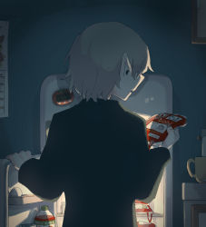Rule 34 | 1boy, absurdres, avogado6, black shirt, blood, blood bag, colored skin, commentary request, facing away, fangs, from behind, grey hair, highres, holding, magnet, male focus, original, parted lips, pointy ears, refrigerator, refrigerator magnet, shirt, solo, vampire, white skin