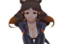 Rule 34 | 1girl, animal ears, biker clothes, bikesuit, bodysuit, breasts, cleavage, closed mouth, commentary request, highres, hippopotamus (kemono friends), kemono friends, kuroi ani, large breasts, long hair, simple background, smile, solo, white background