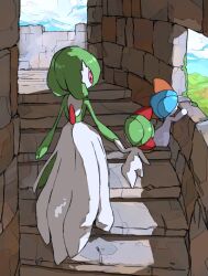 Rule 34 | alternate color, animal focus, aomon (yuuji7604), blue sky, brick wall, cloud, colored skin, commentary request, creatures (company), evolutionary line, game freak, gardevoir, gen 3 pokemon, green hair, highres, nintendo, no humans, pokemon, pokemon (creature), ralts, red eyes, shiny pokemon, sky, stairs, white skin
