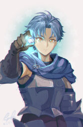 Rule 34 | 1boy, alain (unicorn overlord), armor, black gloves, blue cape, blue hair, breastplate, brown eyes, cape, closed mouth, gloves, hashtag-only commentary, highres, holding, holding jewelry, holding ring, jewelry, looking at viewer, male focus, ouosoul, parted bangs, ring, short hair, simple background, solo, unicorn overlord, wedding ring, white background