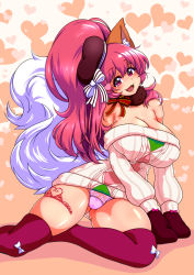 Rule 34 | 1girl, :d, absurdres, animal ears, blush, breasts, cat ears, cat tail, curvy, gloves, heart, highres, huge breasts, long hair, looking at viewer, off-shoulder sweater, off shoulder, open mouth, panties, perisie (star ocean), pink hair, pink panties, plump, ponytail, red eyes, ribbed sweater, ryoi, smile, solo, star ocean, star ocean anamnesis, sweater, tail, underwear