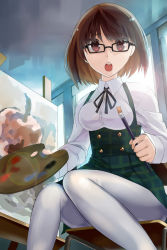 Rule 34 | 1girl, :o, abooon, bow, brown hair, brush, canvas (object), glasses, indoors, knees together feet apart, looking at viewer, nurupo (abooon), painting (object), palette (object), pantyhose, red eyes, short hair, sitting, solo, underbust, white pantyhose, window