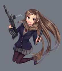 Rule 34 | 1girl, bad id, bad pixiv id, blazer, brown eyes, brown hair, defendtex, dreadtie, electronic firearm, folding stock, gun, highres, jacket, kawase ai, long gun, long hair, metal storm, metal storm maul, modular weapon system, muzzleloader, original, pantyhose, pleated skirt, prototype, prototype design, quickloader, scarf, school uniform, semi-automatic firearm, semi-automatic shotgun, shotgun, shotgun speedloader, sight (weapon), simple background, skirt, smoothbore, solo, speedloader, stacked projectile munition tube, stand-alone configuration, stock (firearm), superposed firearm, transforming weapon, tubular magazine, very long hair, weapon, weapon focus, weird guns of the world