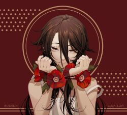 Rule 34 | 1girl, absurdres, black eyes, black hair, camisole, commentary, dated, erchongbaojun, flower, hair between eyes, halo, halo behind head, hands up, highres, leaf, long hair, looking at viewer, original, polka dot, red background, red flower, sleeveless, solo, spaghetti strap, strap slip, symbol-only commentary, thorns, upper body, white camisole