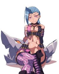 Rule 34 | 1girl, blue hair, boots, braid, hairline, jinx (league of legends), league of legends, lol (harikofu), long hair, pink eyes, shorts, sitting, tattoo, twintails, weapon