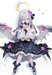 Rule 34 | 1girl, azusa (blue archive), black sailor collar, black skirt, black socks, blue archive, blush stickers, bukurote, commentary request, covered mouth, feathered wings, flower, frilled skirt, frills, grey hair, hair between eyes, hair flower, hair ornament, halo, highres, long hair, long sleeves, looking at viewer, low wings, hugging object, peroro (blue archive), petals, pink eyes, pink flower, pink rose, puffy long sleeves, puffy sleeves, purple flower, rose, sailor collar, school uniform, serafuku, shadow, shirt, shoes, skirt, socks, solo, very long hair, white background, white footwear, white shirt, white wings, wings