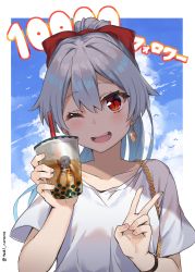 Rule 34 | 1girl, alternate costume, bag, blue sky, blush, bow, bracelet, bubble tea, casual, cloud, collarbone, commentary request, day, drink, drinking straw, earrings, fate/grand order, fate (series), hair between eyes, handbag, high ponytail, highres, jewelry, long hair, looking at viewer, milestone celebration, one eye closed, open mouth, ponytail, red bow, red eyes, red ribbon, ribbon, shirt, short sleeves, silver hair, sky, tomoe gozen (fate), tsukino (nakajimaseiki), v, white shirt