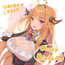 Rule 34 | 1girl, 2020, ahoge, blonde hair, blouse, blunt bangs, blush, bow, breasts, chain, chain necklace, cleavage, cleavage cutout, clothing cutout, collared shirt, commentary request, dated, dragon girl, dragon horns, dragon tail, english text, fang, hairband, happy birthday, highres, hololive, horn bow, horn ornament, horns, jewelry, kiryu coco, kiryu coco (1st costume), large breasts, long hair, looking at viewer, necklace, open mouth, orange hair, pointy ears, red eyes, shirt, simple background, skin fang, solo, star (symbol), striped, striped bow, tail, tongue, upper body, virtual youtuber, white background, white shirt, yaman