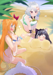 Rule 34 | 3girls, animal ears, black hair, blue eyes, blush, breasts, cat ears, cat tail, elf, flower, hair ornament, highres, karyl (princess connect!), kokkoro (princess connect!), large breasts, long hair, multiple girls, open mouth, orange hair, pecorine (princess connect!), pointy ears, princess connect!, red eyes, shimon (31426784), small breasts, swimsuit, tail, white hair
