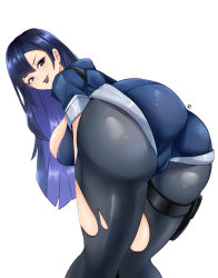Rule 34 | 1girl, absurdres, artist request, ass, blue eyes, blue hair, bodysuit, breasts, cameltoe, come hither, from behind, highres, holster, huge ass, large breasts, leaning, leaning forward, long hair, looking at viewer, looking back, naughty face, open mouth, original, shiny clothes, shiny skin, short shorts, shorts, sideboob, skindentation, smile, solo, thick thighs, thigh holster, thigh strap, thighs, torn clothes, very long hair