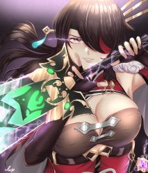 Rule 34 | 1girl, bare shoulders, beidou (genshin impact), breasts, brown hair, chinese clothes, cleavage, cleavage cutout, clothing cutout, colored eyepatch, dapx, eyepatch, fingerless gloves, genshin impact, gloves, glowing, glowing eyes, hair ornament, hair over one eye, hair stick, hairpin, highres, holding, holding weapon, large breasts, long hair, looking at viewer, one eye covered, solo, weapon