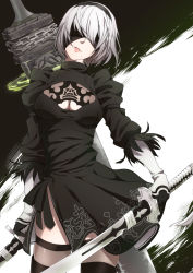 Rule 34 | 1girl, black dress, black footwear, black thighhighs, blindfold, boots, breasts, cleavage, cleavage cutout, clothing cutout, cowboy shot, dress, dual wielding, gloves, hairband, head tilt, holding, holding sword, holding weapon, juliet sleeves, large breasts, long sleeves, mole, mole under mouth, nier (series), nier:automata, puffy sleeves, short hair, silver hair, simple background, skindentation, solo, standing, sword, thigh boots, thighhighs, weapon, weapon on back, 2b (nier:automata), yukichi (mainitiiitenkidana07)