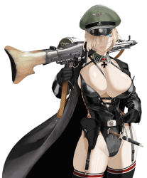 Rule 34 | 1girl, belt, black coat, black gloves, black thighhighs, blonde hair, blue eyes, breasts, cleavage, coat, cross, dagger, detached collar, garter straps, gloves, gun, hair over one eye, hat, highres, holding, holding gun, holding weapon, holster, iron cross, knife, large breasts, leotard, looking at viewer, machine gun, mg42, military hat, nazi, original, over shoulder, overcoat, sheath, sheathed, simple background, solo, thighhighs, throtem, uniform, weapon, weapon over shoulder, white background