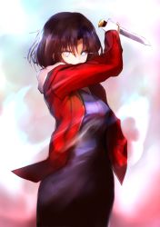 Rule 34 | 1girl, absurdres, black dress, black hair, blue eyes, covered mouth, cowboy shot, dress, glowing, glowing eye, highres, holding, holding knife, jacket, kara no kyoukai, knife, long sleeves, open clothes, open jacket, red jacket, ryougi shiki, shirokuma1414, short hair, solo, tsukihime, type-moon