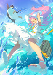 Rule 34 | 1girl, animal, arm up, bird, black headwear, blue bow, blue neckwear, blue sky, bow, bowtie, bubble, cane, cloud, day, dress, fish, hand on headwear, hat, highres, holding, holding cane, long hair, misossu, open mouth, original, outdoors, penguin, pink eyes, pink hair, ribbon, sky, smile, teeth, toenails, tongue, upper teeth only, water, white dress, white footwear, white headwear, yellow neckwear, yellow ribbon