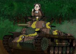 Rule 34 | 1girl, absurdres, black eyes, black hair, breasts, bush, caterpillar tracks, chi-hatan (emblem), chi-hatan military uniform, commentary request, emblem, forest, girls und panzer, highres, long hair, military, military vehicle, motor vehicle, nature, nishi kinuyo, open mouth, pzmark hobby, tank, tree, type 97 chi-ha