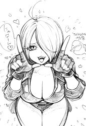 Rule 34 | angel (kof), boots, bra, breasts, chaps, cowboy boots, cropped jacket, horns pose, fingerless gloves, gloves, greyscale, hair over one eye, highres, index fingers raised, jacket, large breasts, leaning forward, leather, leather jacket, monochrome, snk, strapless, strapless bra, takumi watanuki, the king of fighters, the king of fighters xiv, toned, underwear, white hair