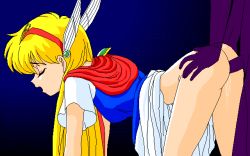 Rule 34 | 1990s (style), 1girl, akazukin chacha, aliasing, blonde hair, blue background, blue dress, bottomless, closed eyes, clothes lift, doggystyle, dress, dress lift, gradient background, hetero, leaning forward, long hair, magical princess, no panties, pussy juice, pussy juice trail, retro artstyle, sex, sex from behind, short dress, short sleeves, simple background, tagme, thighs, vaginal, winged hair ornament