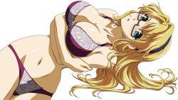 Rule 34 | 1girl, absurdres, blonde hair, blue eyes, blush, bra, breasts, cleavage, freezing (series), glasses, highres, large breasts, lingerie, navel, open mouth, panties, pantyshot, satellizer el bridget, solo, transparent background, underwear, underwear only, vector trace
