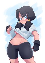 Rule 34 | 1girl, asymmetrical bangs, bike shorts, black gloves, black hair, blue background, blue eyes, blush, brachyartz, breasts, closed mouth, clothes lift, cowboy shot, dragonball z, fingerless gloves, gloves, gluteal fold, looking to the side, looking up, medium breasts, medium hair, navel, no bra, shirt, shirt lift, short sleeves, skin tight, solo, standing, sweat, t-shirt, twintails, two-tone background, underboob, videl, white background, white shirt