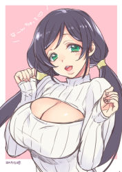 Rule 34 | 10s, 1girl, 2014, :d, blush, breasts, cleavage, cleavage cutout, clothing cutout, dated, green eyes, large breasts, long hair, looking at viewer, love live!, love live! school idol festival, love live! school idol project, meme attire, open-chest sweater, open mouth, purple hair, smile, solo, sumeragi kohaku, sweater, tojo nozomi, translation request, turtleneck, twintails