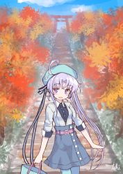 Rule 34 | 1girl, :d, absurdres, ahoge, akitsushima (kancolle), alternate costume, autumn, autumn leaves, bag, beret, black shirt, blue hat, blue pantyhose, blue skirt, blush, breasts, collared shirt, commentary request, day, denim, denim skirt, dress shirt, hat, high-waist skirt, highres, holding, holding bag, ichi (ichi.colors), kantai collection, long hair, looking at viewer, open mouth, outdoors, pantyhose, parted bangs, purple eyes, purple hair, shirt, short sleeves, side ponytail, skirt, small breasts, smile, solo, stairs, stone stairs, torii, very long hair, white shirt