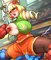 Rule 34 | !?, 1girl, amputee, arms (game), beanie, blonde hair, blunt bangs, blush, breasts, covered erect nipples, defeat, female focus, fingering, green eyes, groping, hat, highres, huge breasts, huge nipples, humiliation, japanese text, kakudai (hujikolp), large areolae, mask, min min (arms), nipple stimulation, nipple tweak, nipples, pantyhose, pantyhose under shorts, pussy juice, shorts, solo focus, spread legs, sweat, torn clothes