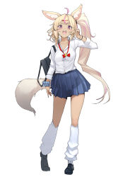 Rule 34 | 1girl, :d, ahoge, animal ear fluff, animal ears, bag, blonde hair, blue skirt, bow, bowtie, collared shirt, dress shirt, fox ears, fox tail, full body, hair ornament, hairclip, hand up, highres, hololive, kneehighs, long hair, looking at viewer, loose bowtie, loose socks, mitsuru (pixiv 34028718), multicolored hair, omaru polka, open mouth, pink hair, pleated skirt, purple eyes, red bow, red bowtie, scrunchie, shirt, shoes, shoulder bag, side ponytail, simple background, skirt, smile, socks, solo, standing, streaked hair, tail, tan, v, very long hair, virtual youtuber, white shirt, white socks, wrist scrunchie