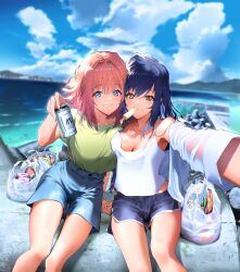 Rule 34 | 2girls, asymmetrical docking, bag, black hair, blue eyes, breast press, breasts, brown hair, can, cheek-to-cheek, cleavage, cloud, collarbone, cover, day, eating, food, food in mouth, heads together, holding, holding can, holding hands, keyyan, kimi to shiranai natsu ni naru, looking at viewer, medium breasts, megumi hinoto, mole, mole under mouth, multiple girls, nishimiya haru, ocean, outdoors, plastic bag, popsicle, selfie, shorts, sitting, smile, sunlight, sweat, yellow eyes