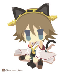 Rule 34 | 10s, 1girl, animal ears, artist name, bad id, bad pixiv id, blue eyes, brown hair, cat ears, cat tail, chameleon man (three), chibi, detached sleeves, flat color, hairband, hiei (kancolle), kantai collection, kemonomimi mode, looking at viewer, no lineart, nontraditional miko, ribbon-trimmed sleeves, ribbon trim, short hair, simple background, solo, tail, thighhighs, white background