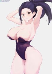 Rule 34 | 1girl, a-o a, absurdres, areola slip, armpits, arms behind head, ass, black hair, boku no hero academia, breasts, bursting breasts, curvy, highres, inverted nipples, large breasts, leotard, looking at viewer, nipples, nsfw oa, solo, standing, thick thighs, thighs, white background, wide hips, yaoyorozu momo