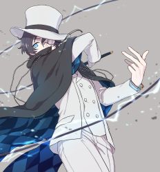 Rule 34 | bad id, bad pixiv id, black cape, black hair, blue cape, blue eyes, bracelet, bungou to alchemist, cape, checkered cape, edogawa ranpo (bungou to alchemist), formal, grey background, grey hair, grey pants, grey suit, hat, highres, jewelry, male focus, monocle, pants, suit, top hat, whip, yadosumi