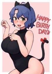 Rule 34 | 1girl, animal ears, antenna hair, bare shoulders, black hairband, black leotard, blush, breasts, brown eyes, cat ears, cat girl, cat tail, commentary request, covered navel, fake animal ears, hair between eyes, hairband, hands up, happy birthday, idolmaster, idolmaster million live!, idolmaster million live! theater days, korean commentary, kwaejina, large breasts, leotard, looking at viewer, mixed-language commentary, open mouth, paw pose, pink background, red ribbon, ribbon, short hair, simple background, solo, tail, tail ornament, tail ribbon, toyokawa fuka, two-tone background, wavy hair, white background