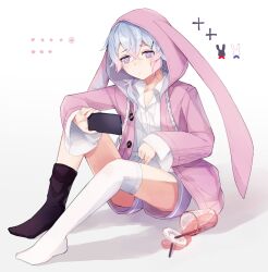 Rule 34 | 1boy, animal ears, animal hood, asymmetrical legwear, black socks, cellphone, closed mouth, collared shirt, commentary request, crossed bangs, cup, disposable cup, fake animal ears, frown, full body, grey hair, hair between eyes, highres, holding, holding phone, hood, hood up, hoodie, kasugano (owf ksg), long bangs, mahjong soul, male focus, mismatched legwear, multicolored hair, no shoes, phone, pink hair, pink hoodie, purple eyes, purple shorts, rabbit hood, ryan (mahjong soul), shirt, short hair, shorts, sitting, smartphone, socks, solo, spill, thighhighs, uneven legwear, white shirt, white thighhighs