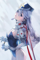 Rule 34 | 1girl, blue eyes, blue hair, breasts, capelet, cross, earrings, elbow gloves, female focus, flat chest, gloves, hat, jewelry, leotard, lips, long hair, looking at viewer, lowres, matching hair/eyes, necklace, ribbon, riqurr, scarf, shorts, simple background, solo, sword girls, wet, white hair