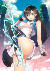 Rule 34 | &gt;:), 1girl, ahoge, armor, armored boots, ass, asymmetrical legwear, bare shoulders, black hair, blade arcus from shining, blue eyes, blue sky, boots, bow, breasts, chinese clothes, cleavage, clenched hand, clenched hands, cliff, cloud, covered navel, day, dress, electricity, female focus, fighting stance, fingerless gloves, gloves, hair ornament, hairclip, hand on own hip, high heels, highres, knee boots, large breasts, leg up, long hair, long legs, low-tied long hair, microdress, non-web source, open mouth, outdoors, pairon, shining (series), simple background, single thighhigh, sky, smile, solo, standing, standing on one leg, taut clothes, thighhighs, tony taka, uneven legwear, v-shaped eyebrows, very long hair