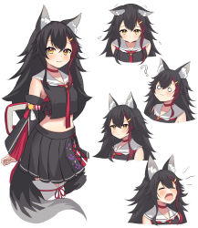 Rule 34 | 1girl, ?, absurdres, animal ear fluff, animal ears, bare shoulders, bell, black shirt, black skirt, black sleeves, blush, choker, closed mouth, cropped shirt, cropped torso, detached sleeves, flipped hair, floppy ears, floral print, grey hair, hair between eyes, hair ornament, hairclip, highres, hololive, jingle bell, kouhaku nawa, long hair, low-tied long hair, miniskirt, multicolored hair, multiple views, nano (nandemo note31), necktie, o o, ookami mio, ookami mio (1st costume), pleated skirt, red choker, red hair, red neckwear, rope, sailor collar, sailor shirt, school uniform, serafuku, shimenawa, shirt, side slit, sidelocks, skirt, sleeveless, smile, streaked hair, tail, tail around own leg, tail wrap, thighhighs, very long hair, virtual youtuber, white thighhighs, wolf ears, wolf girl, wolf tail, yawning, yellow eyes