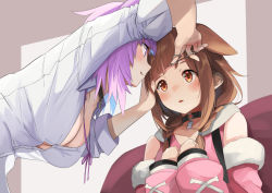 Rule 34 | 2girls, :q, animal ears, black choker, blue hair, blunt bangs, blush, braid, breasts, brown hair, choker, cleavage, collared shirt, cutting hair, dog ears, dog girl, extra ears, hair over shoulder, hair tie, holding, holding own hair, holding scissors, hololive, hood, hoodie, inugami korone, inugami korone (loungewear), large breasts, leaning forward, long hair, long sleeves, looking at another, medium hair, multicolored hair, multiple girls, neck ribbon, nekomata okayu, nekomata okayu (oversized shirt), o-ring, o-ring choker, parted lips, partially unbuttoned, pink hoodie, purple eyes, purple hair, purple ribbon, ribbon, scissors, shirt, sleeves pushed up, sora no tori, streaked hair, tongue, tongue out, twin braids, virtual youtuber, white shirt