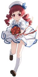 Rule 34 | 1girl, absurdres, blue bow, bouquet, bow, brown footwear, closed mouth, collared dress, dress, drill hair, floating hair, flower, full body, gochuumon wa usagi desu ka?, hat, hat bow, highres, holding, holding bouquet, kafuu chino&#039;s school uniform, leg up, loafers, long hair, looking at viewer, natsu megumi, pleated dress, red eyes, red flower, red hair, red ribbon, ribbon, running, school uniform, sentter, shoes, short dress, short sleeves, simple background, smile, socks, solo, twin drills, twintails, white background, white dress, white hat, white socks, wing collar