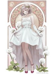 Rule 34 | 1girl, bare shoulders, bob cut, closed mouth, copyright notice, dress, elu (nijisanji), flower, full body, gloves, grey hair, hair flower, hair ornament, high-low skirt, highres, kaoming, knees together feet apart, looking at viewer, medium hair, nijisanji, pointy ears, red eyes, red footwear, shoes, solo, standing, strapless, strapless dress, virtual youtuber, wedding dress, white dress, white flower, white gloves