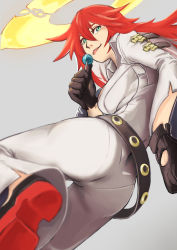 Rule 34 | arc system works, ass, bell-bottoms, belt, bodysuit, broken halo, candy, spiked halo, fighting game, food, gloves, green eyes, grey background, guilty gear, guilty gear strive, hair between eyes, halo, highres, jack-o&#039; valentine, lollipop, looking at viewer, pants