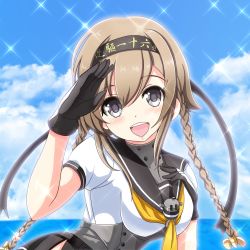 Rule 34 | 10s, 1girl, :d, arm at side, braid, clothes writing, grey eyes, hair ornament, highres, impossible clothes, kantai collection, light brown hair, long hair, looking at viewer, open mouth, propeller, sailor collar, salute, school uniform, serafuku, sketch, smile, solo, teruzuki (kancolle), tk8d32, twin braids, upper body