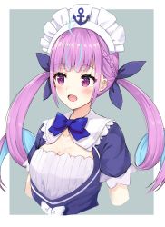 Rule 34 | 1girl, :d, absurdres, ahoge, anchor print, aqua hair, blue bow, blue bowtie, blue dress, blush, bow, bowtie, braid, breasts, cleavage, colored inner hair, commentary request, cropped torso, dress, french braid, hair ribbon, headdress, highres, hololive, long hair, looking to the side, minato aqua, minato aqua (1st costume), multicolored hair, open mouth, purple eyes, purple hair, purple ribbon, racchi., ribbon, short sleeves, sidelocks, small breasts, smile, solo, twintails, two-tone hair, virtual youtuber