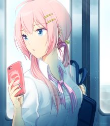 Rule 34 | 1girl, ahoge, artist name, bag, blue eyes, blue nails, breast pocket, breasts, buttons, eyelashes, food, hair ornament, hairclip, holding, holding phone, light particles, long hair, looking outside, low twintails, megurine luka, nail polish, necktie, nokuhashi, open mouth, phone, pink hair, pocket, project diva (series), school bag, school uniform, solo, sushi, train interior, twintails, vocaloid